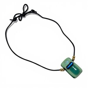 Artisan Mint and Jade Green with Blue Art Glass Pendant Necklace on Silk Cord
